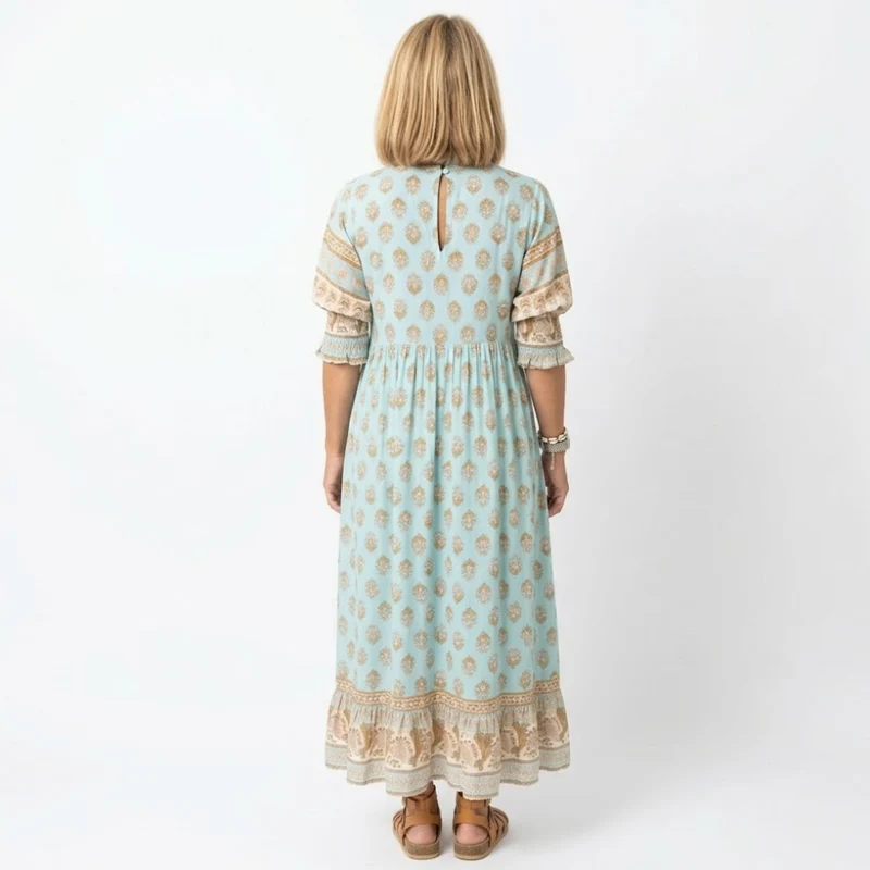 Robe Midi de Style Boho pour Femmes avec Imprimé Floral, Col en V et Manches Lanternes