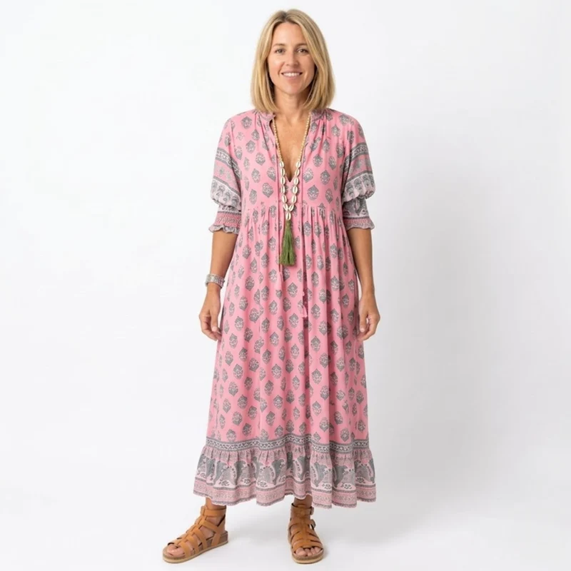 Robe Midi de Style Boho pour Femmes avec Imprimé Floral, Col en V et Manches Lanternes