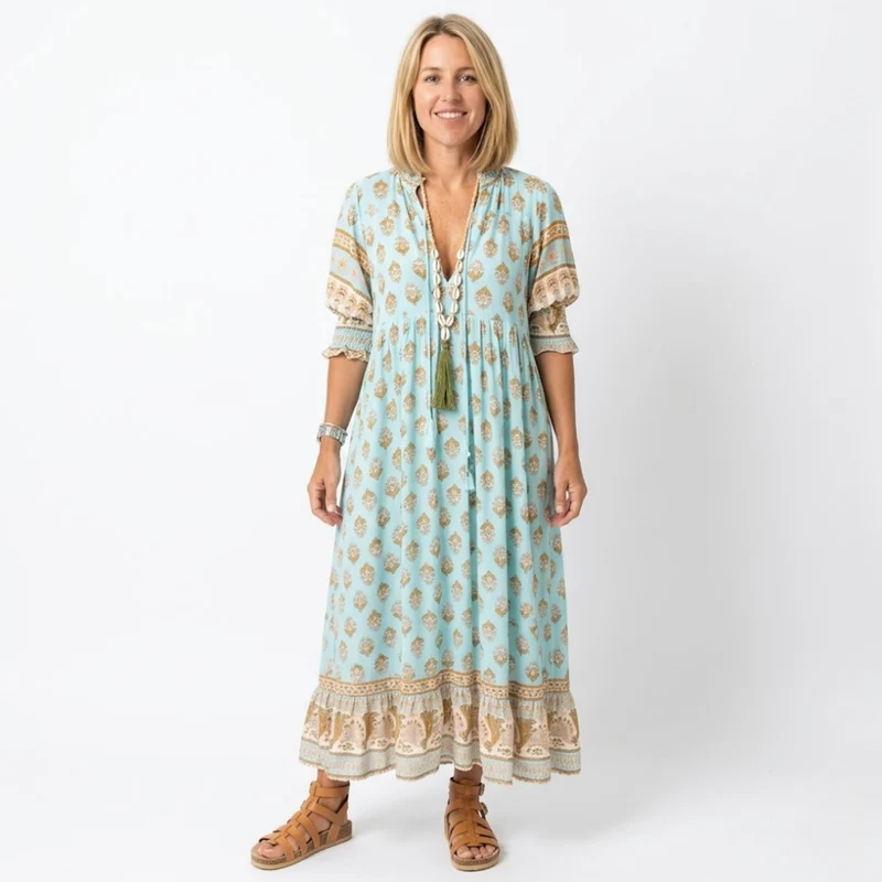 Robe Midi de Style Boho pour Femmes avec Imprimé Floral, Col en V et Manches Lanternes