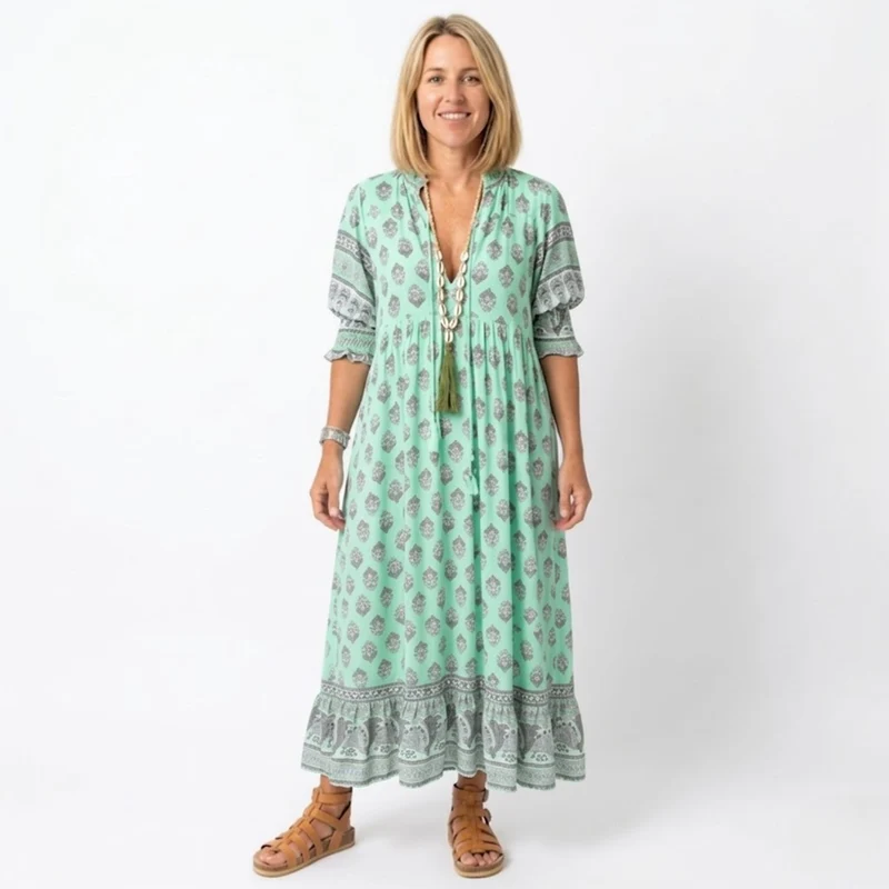 Robe Midi de Style Boho pour Femmes avec Imprimé Floral, Col en V et Manches Lanternes