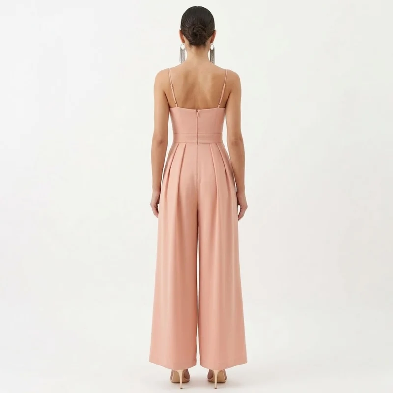 Combinaison Pantalon Large à Bretelles avec Col en V et Taille Haute pour Femmes