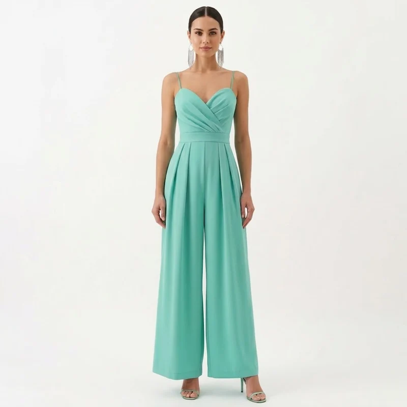 Combinaison Pantalon Large à Bretelles avec Col en V et Taille Haute pour Femmes