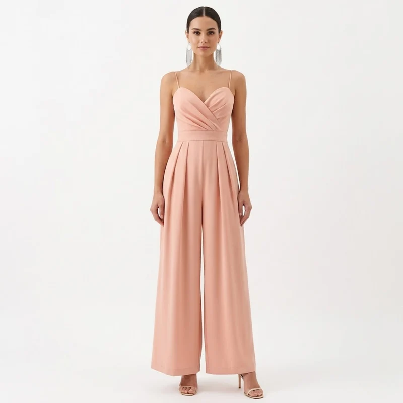 Combinaison Pantalon Large à Bretelles avec Col en V et Taille Haute pour Femmes