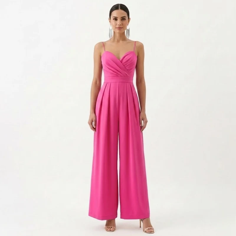 Combinaison Pantalon Large à Bretelles avec Col en V et Taille Haute pour Femmes