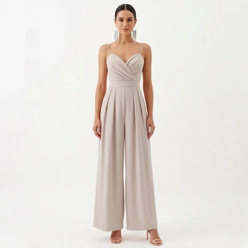 Combinaison Pantalon Large à Bretelles avec Col en V et Taille Haute pour Femmes