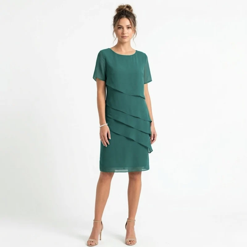 Robe de Soirée Élégante en Mousseline à Volants Superposés et Col Rond