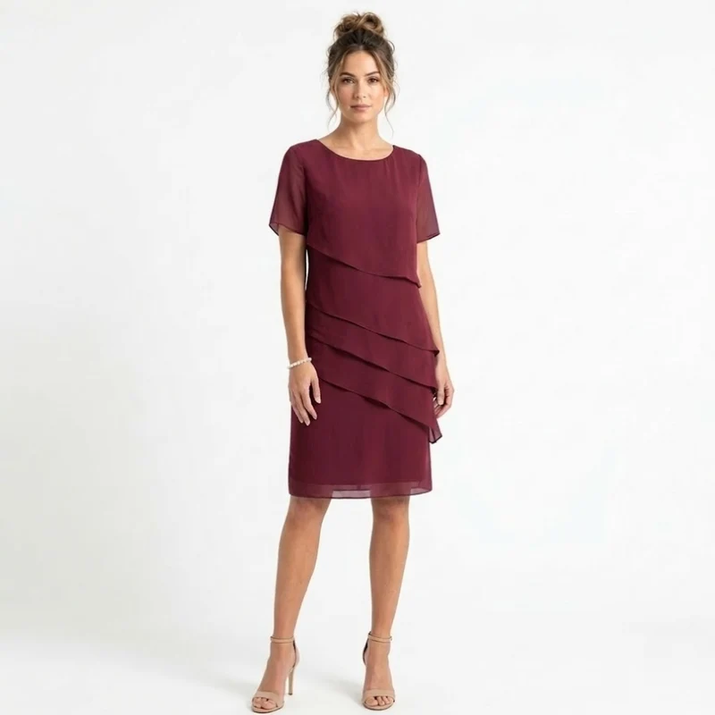 Robe de Soirée Élégante en Mousseline à Volants Superposés et Col Rond