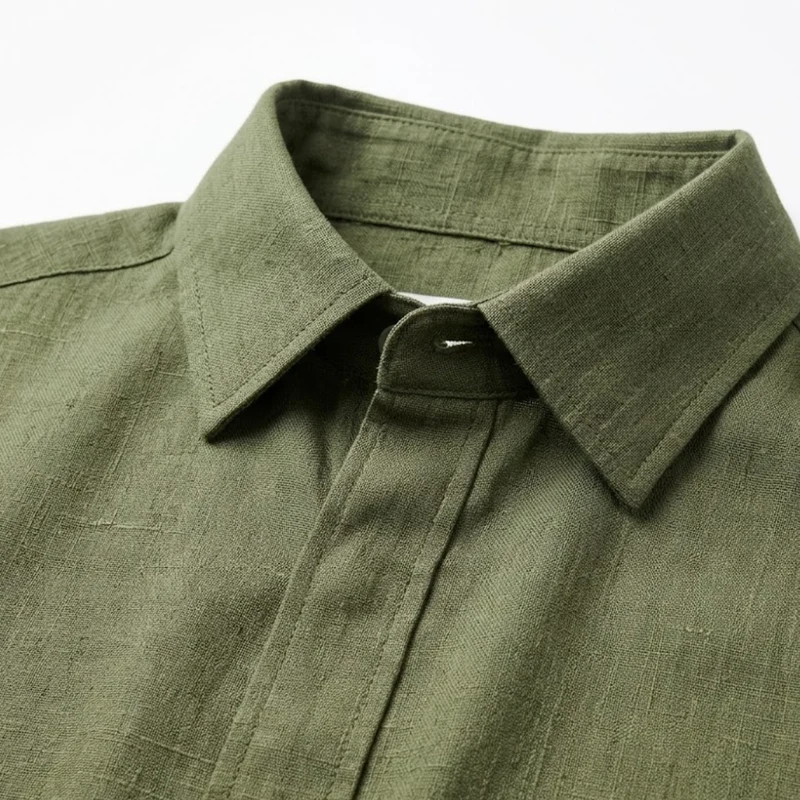 Chemise en Coton et Lin à Manches Courtes avec Col Rabattu pour Homme
