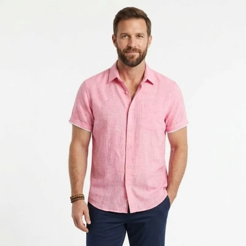 Chemise en Coton et Lin à Manches Courtes avec Col Rabattu pour Homme