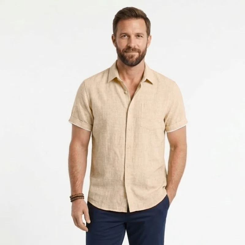 Chemise en Coton et Lin à Manches Courtes avec Col Rabattu pour Homme