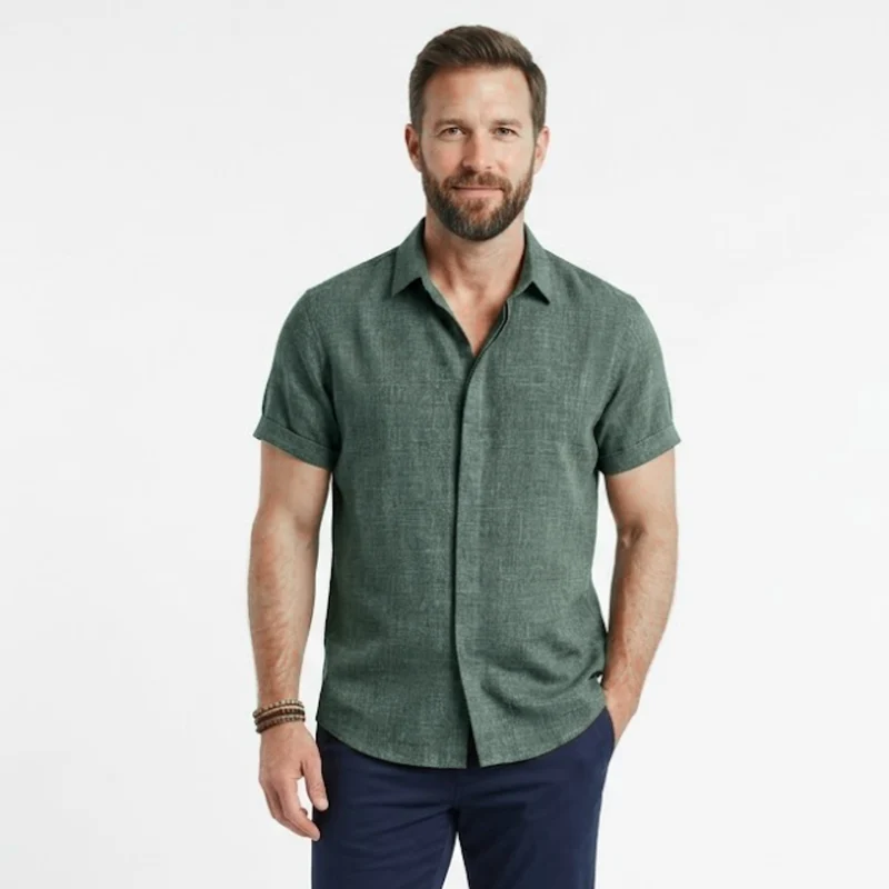 Chemise en Coton et Lin à Manches Courtes avec Col Rabattu pour Homme