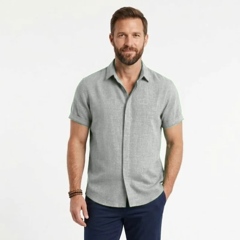 Chemise en Coton et Lin à Manches Courtes avec Col Rabattu pour Homme