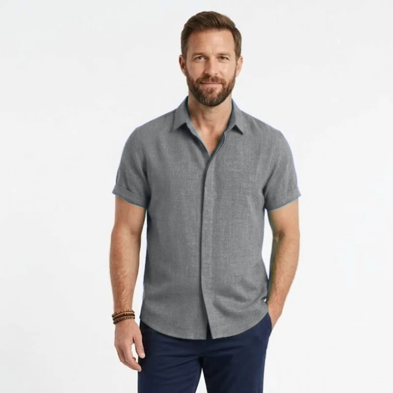 Chemise en Coton et Lin à Manches Courtes avec Col Rabattu pour Homme
