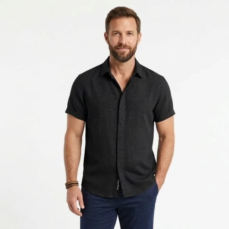 Chemise en Coton et Lin à Manches Courtes avec Col Rabattu pour Homme