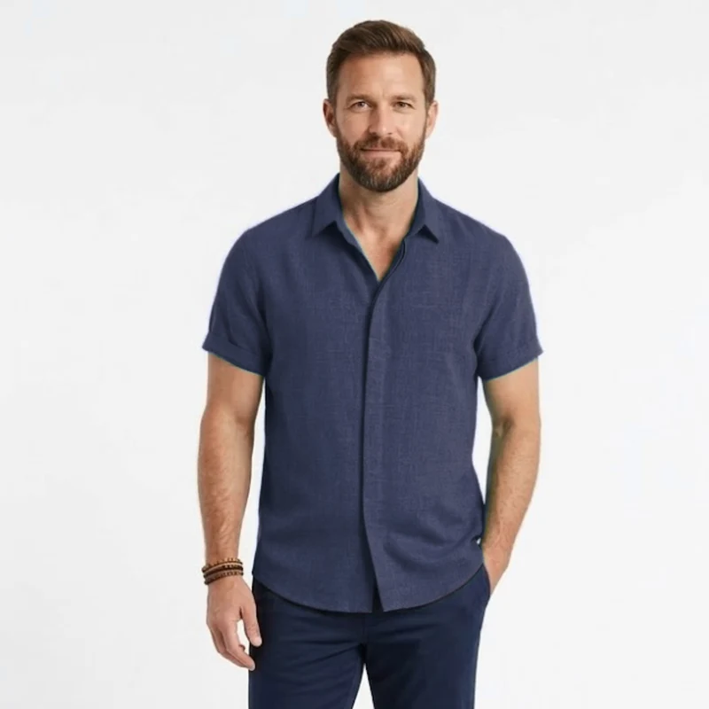 Chemise en Coton et Lin à Manches Courtes avec Col Rabattu pour Homme