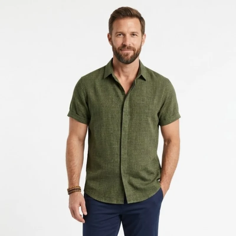 Chemise en Coton et Lin à Manches Courtes avec Col Rabattu pour Homme