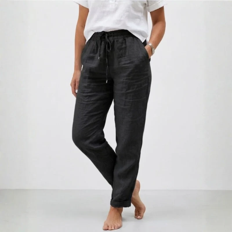 Pantalon en Coton et Lin à Taille Haute Élastique et Coupe Décontractée pour Femme