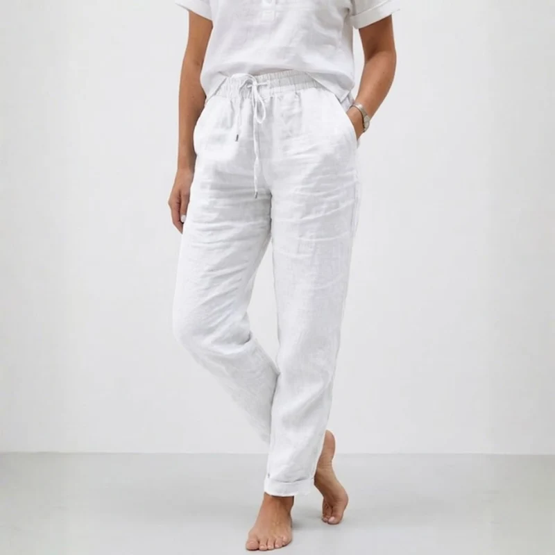 Pantalon en Coton et Lin à Taille Haute Élastique et Coupe Décontractée pour Femme