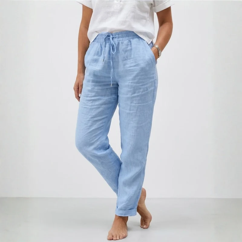 Pantalon en Coton et Lin à Taille Haute Élastique et Coupe Décontractée pour Femme