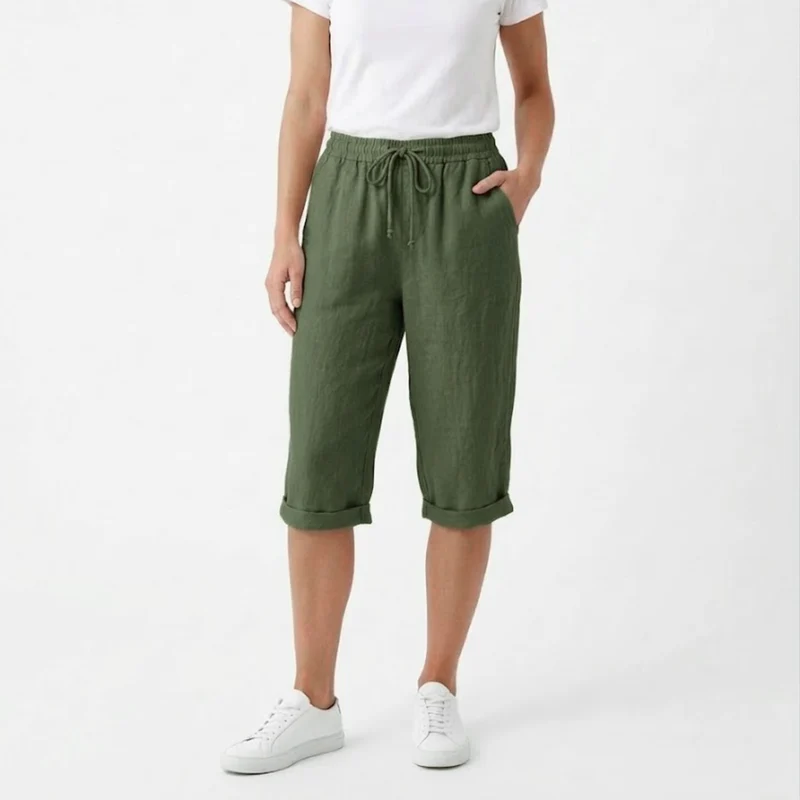 Short en Coton et Lin avec Taille Élastique et Poches pour Femmes