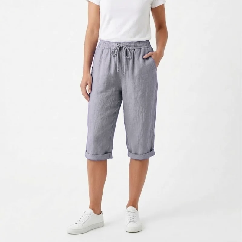 Short en Coton et Lin avec Taille Élastique et Poches pour Femmes