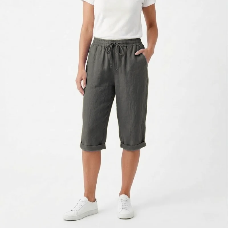 Short en Coton et Lin avec Taille Élastique et Poches pour Femmes