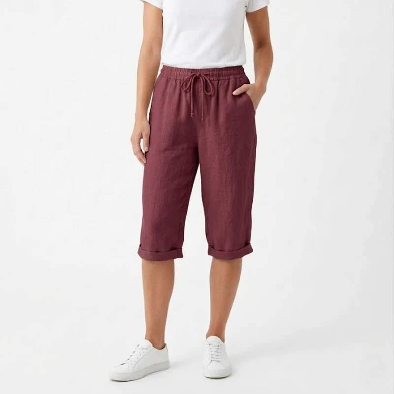 Short en Coton et Lin avec Taille Élastique et Poches pour Femmes