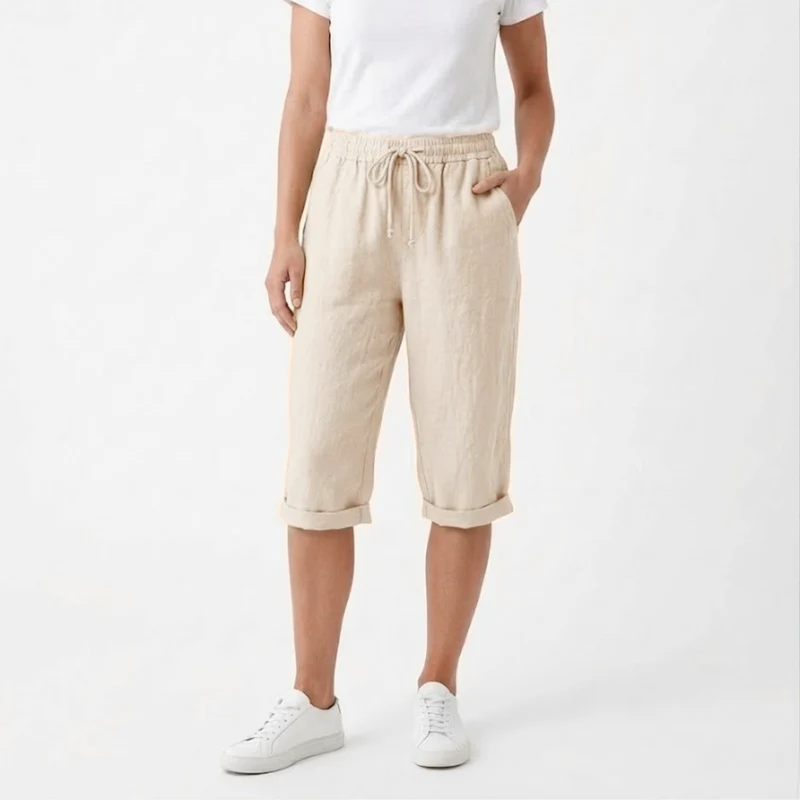 Short en Coton et Lin avec Taille Élastique et Poches pour Femmes