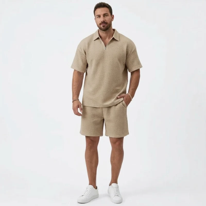 Ensemble Décontracté pour Homme avec Chemise à Revers et Short à Carreaux