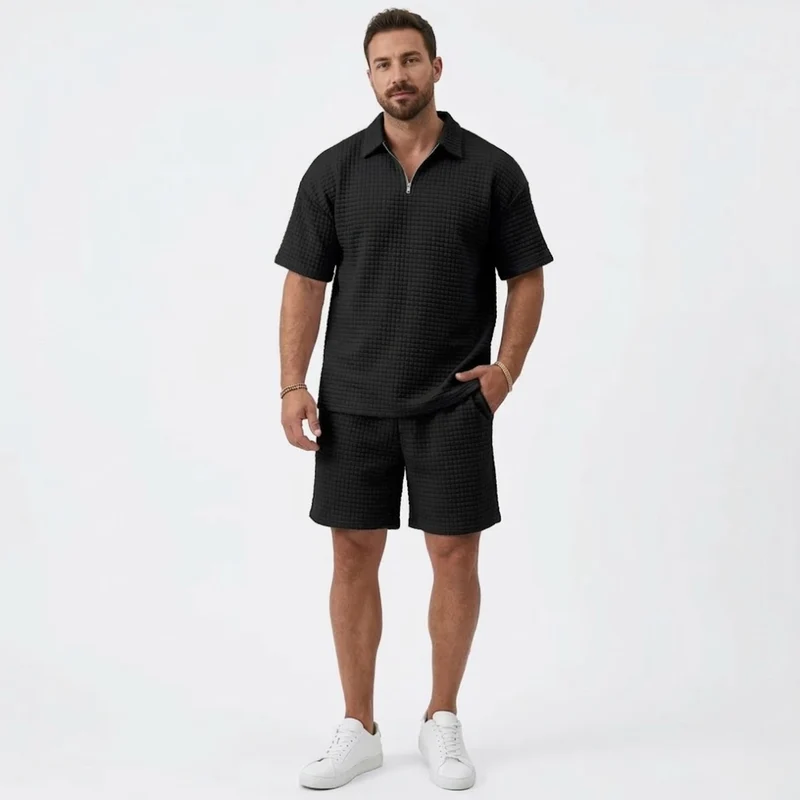 Ensemble Décontracté pour Homme avec Chemise à Revers et Short à Carreaux