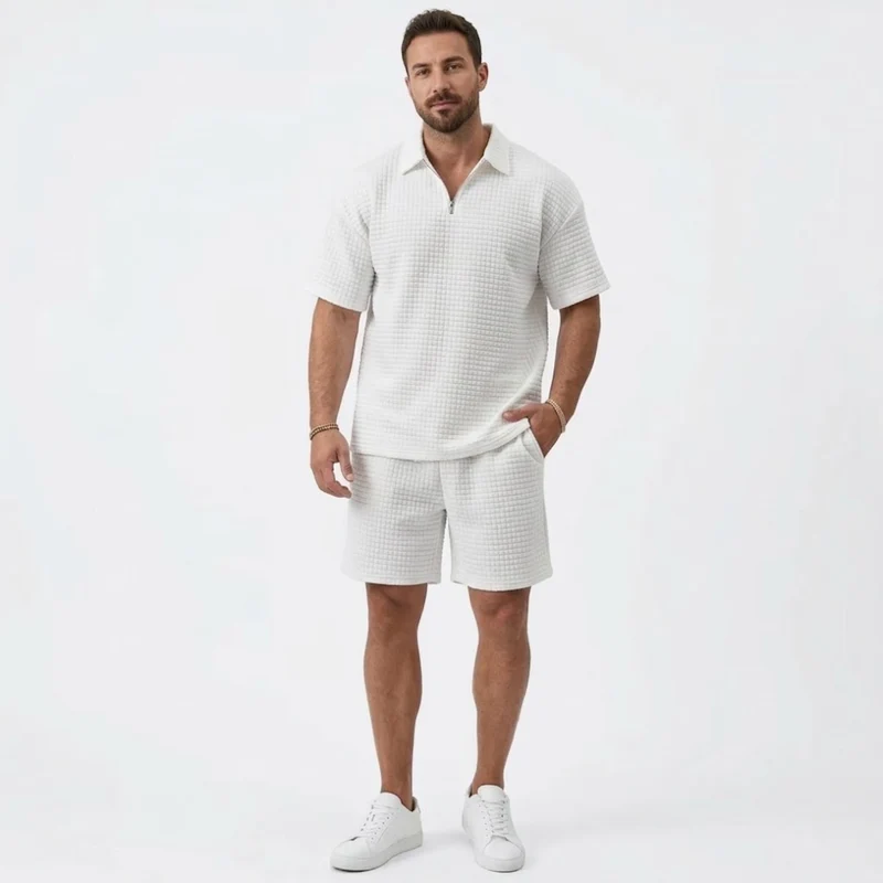 Ensemble Décontracté pour Homme avec Chemise à Revers et Short à Carreaux