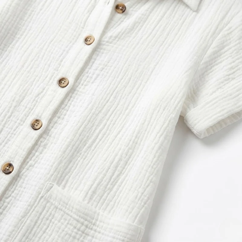 Robe Courte en Coton et Lin avec Col en V et Manches Trois-Quarts pour Femmes