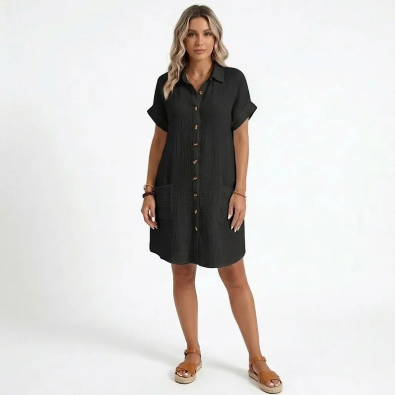 Robe Courte en Coton et Lin avec Col en V et Manches Trois-Quarts pour Femmes