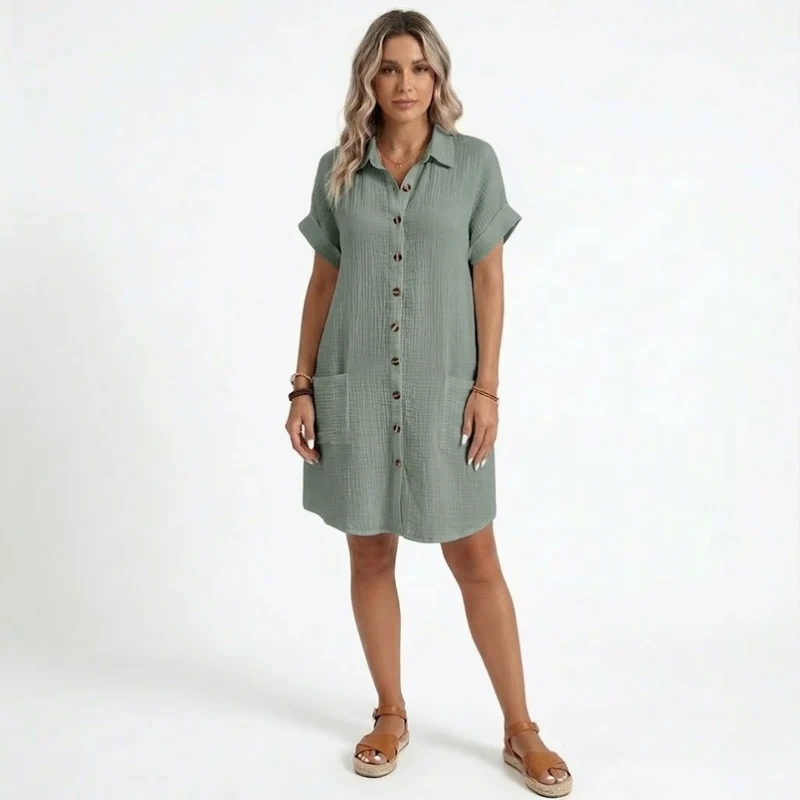 Robe Courte en Coton et Lin avec Col en V et Manches Trois-Quarts pour Femmes