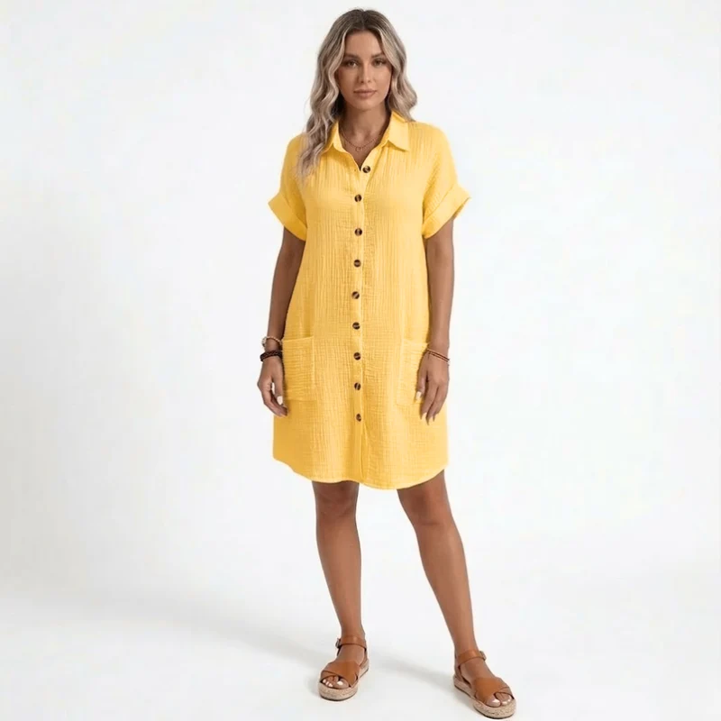 Robe Courte en Coton et Lin avec Col en V et Manches Trois-Quarts pour Femmes