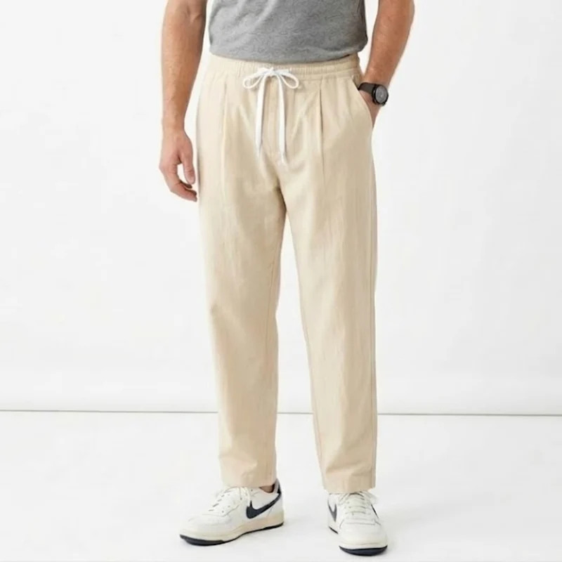 Pantalon Homme en Coton et Lin Coupe Large avec Taille Élastique et Cordon