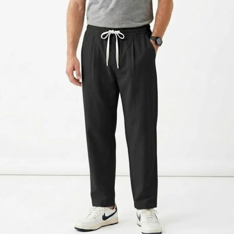 Pantalon Homme en Coton et Lin Coupe Large avec Taille Élastique et Cordon