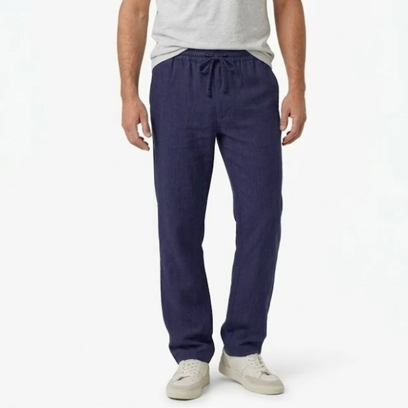 Pantalon en Coton et Lin pour Hommes avec Taille Élastique et Poches Arrière