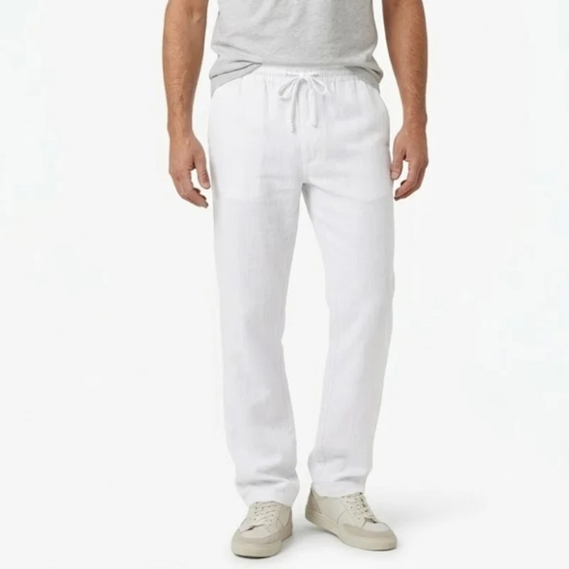 Pantalon en Coton et Lin pour Hommes avec Taille Élastique et Poches Arrière