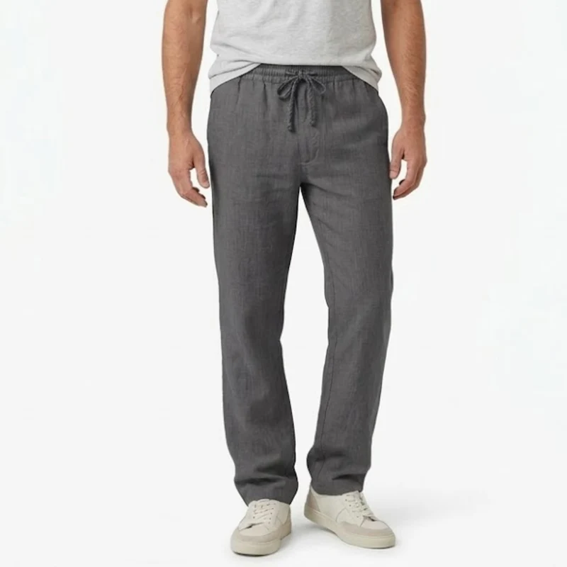 Pantalon en Coton et Lin pour Hommes avec Taille Élastique et Poches Arrière