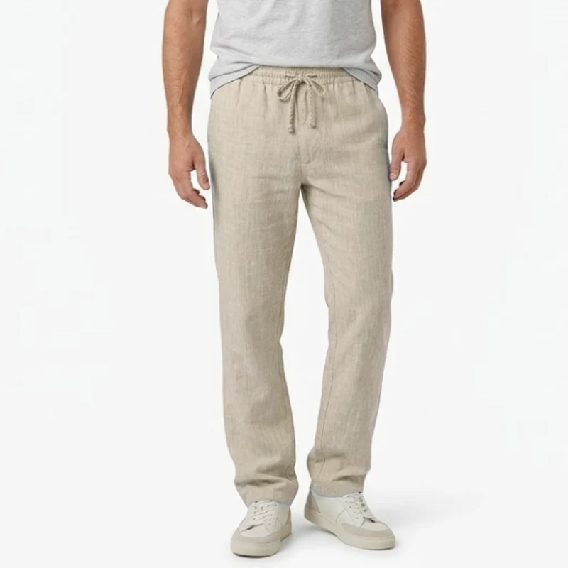 Pantalon en Coton et Lin pour Hommes avec Taille Élastique et Poches Arrière