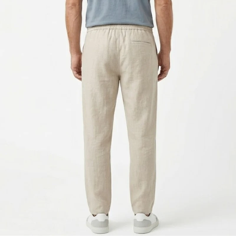 Pantalon Homme en Coton et Lin à Jambe Droite avec Taille Élastique et Cordon