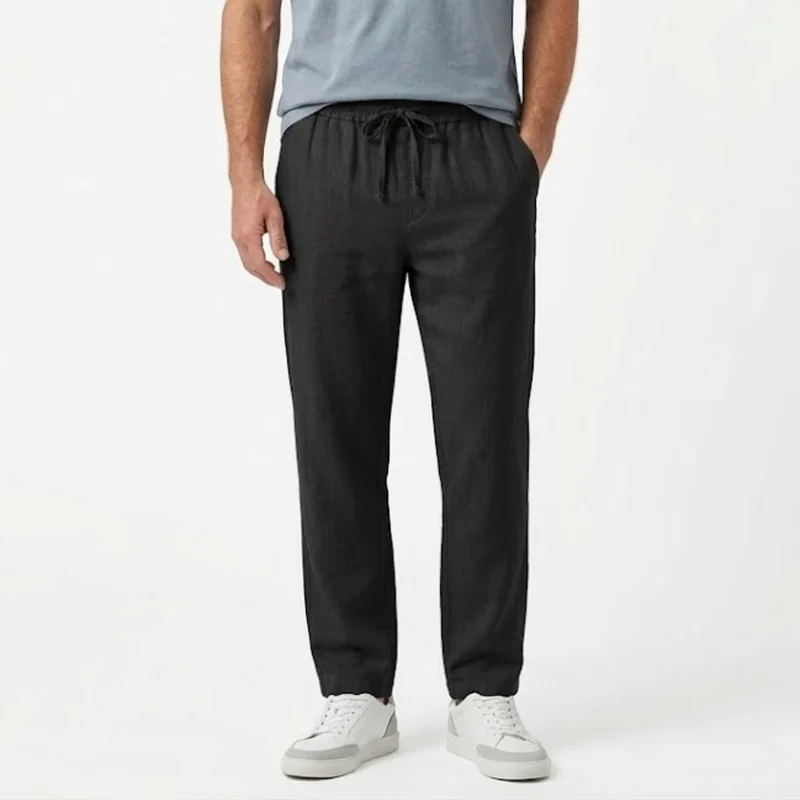 Pantalon Homme en Coton et Lin à Jambe Droite avec Taille Élastique et Cordon