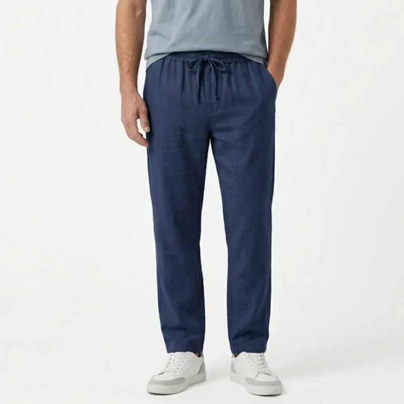 Pantalon Homme en Coton et Lin à Jambe Droite avec Taille Élastique et Cordon