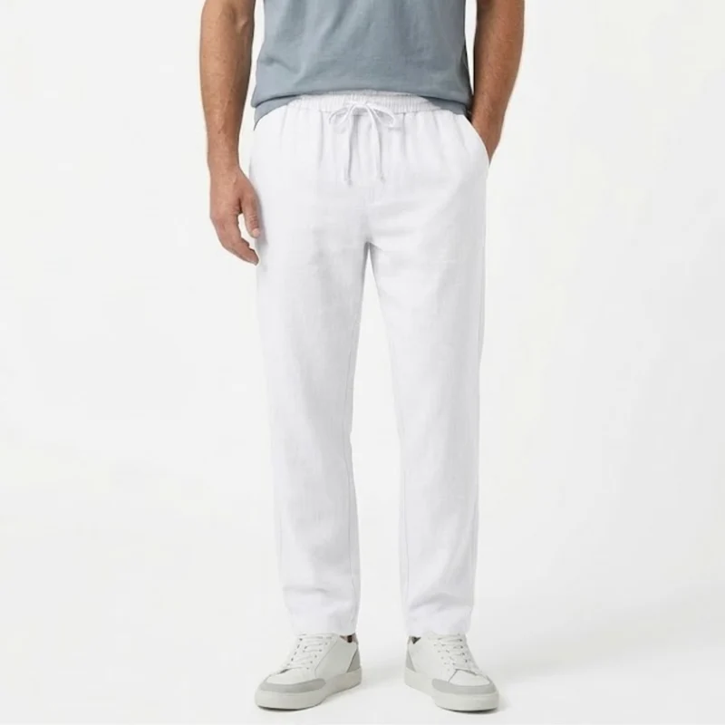 Pantalon Homme en Coton et Lin à Jambe Droite avec Taille Élastique et Cordon