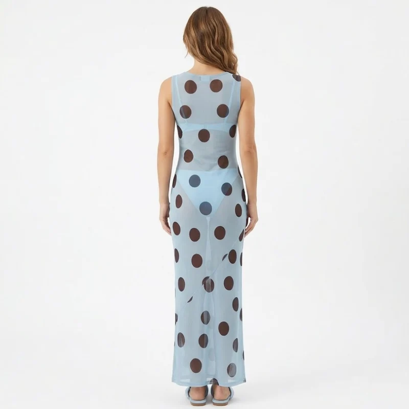 Robe Longue à Pois sans Manches avec Col Rond et Coupe Ajustée pour Femmes