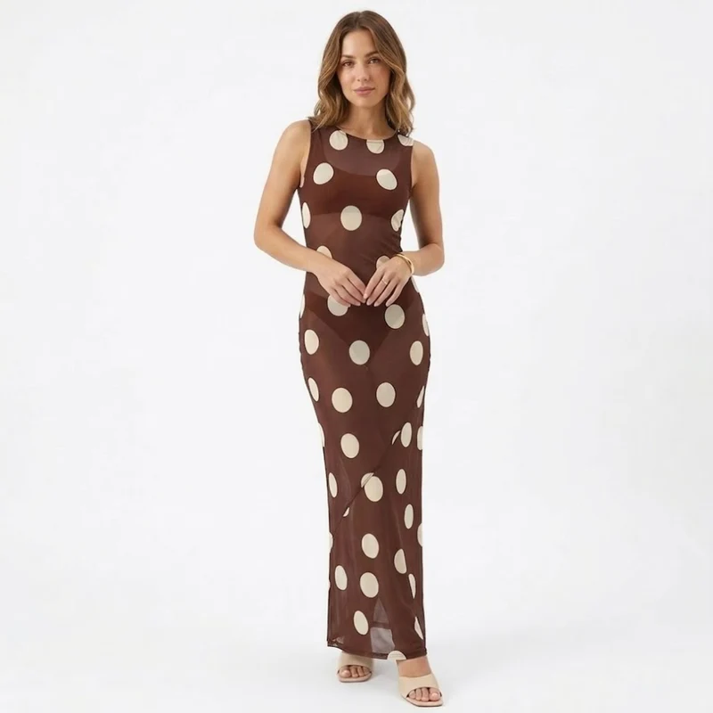 Robe Longue à Pois sans Manches avec Col Rond et Coupe Ajustée pour Femmes