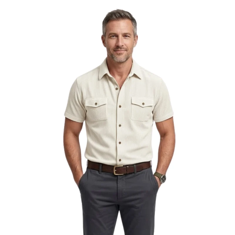 Chemise cargo pour homme en velours côtelé à manches courtes avec poches poitrine