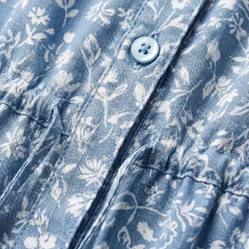 Robe Longue en Coton Fleurie à Col V avec Boutons Frontaux pour Femmes