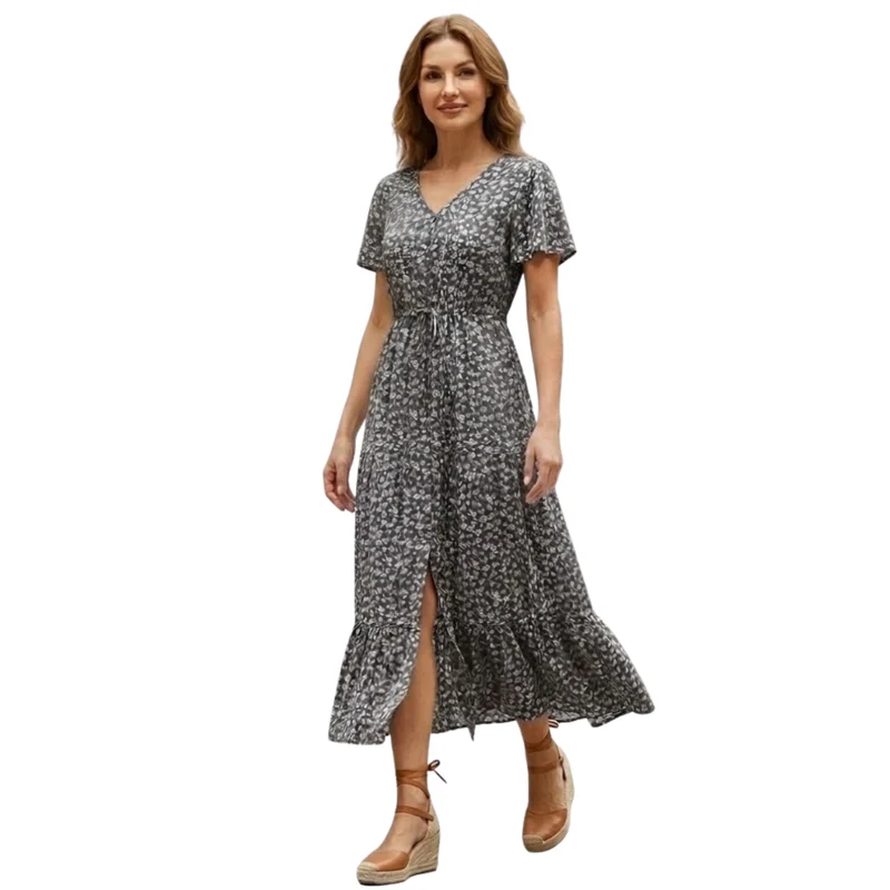 Robe Longue en Coton Fleurie à Col V avec Boutons Frontaux pour Femmes